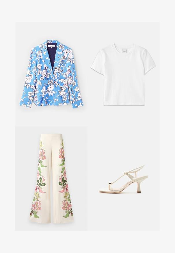Blazer med blomsterdesign i blå, med bælte i taljen, klapkrave, lange ærmer og foret inderside med quiltet struktur.; Hvid bomulds-t-shirt med rund hals, korte ærmer og lige kant. Mærke med teksten "Won Hundred" placeret i midten af halsudskæringen.; Bredde bukser i cremet stof med farverige blomster mønstre i pink og grøn langs siderne. Glat tekstur, design med bred ben.; Beige højhælede sandal med tynde stropper, justerbar spænde, tå-ringdetalje og en tilspidset blokhæl på en flad overflade.