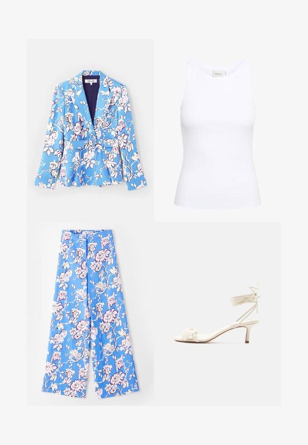 Blazer met bloemmotief in blauw, voorzien van een riem op de taille, met gestructureerde revers, lange mouwen en een gevoerde binnenkant met een gewatteerde textuur.; Witte geribde tanktop met een ronde halslijn en zonder mouwen. Rekbaar materiaal en een aansluitend ontwerp. Het label op de achterkant zegt "GESTUZ."; Blauwe bloemenbroek met een pastelrozenpatroon. De stof is glad met een comfortabele pasvorm, wijde pijpen en een elastische tailleband.; Roomkleurige sandalen met lage hak, enkelriempjes en een brede gedraaide band over de tenen, op een effen witte achtergrond.