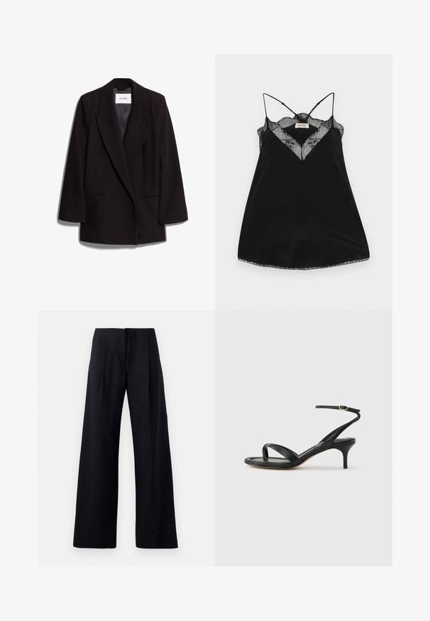 Zwarte dubbelbreasted blazer van gladde stof, met brede revers, twee voorzakken en een getailleerde silhouette. Merklabel zichtbaar aan de binnenkant.; Zwarte camisole met verstelbare bandjes, met een kanten V-hals en golvende randen. Gladde stof met een lichte glans.; Zwarte, gestreepte broek met een wijde pijpdesign, uitgerust met scherpe plooien en een nette afwerking. Gemaakt van een gladde, lichte stof.; Zwarte leren dames sandaal met dunne bandjes, een teengreep, een enkelgesp en een stilettohak van gemiddelde hoogte op een neutrale achtergrond.