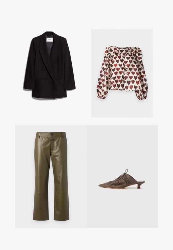 Schwarzer doppelt geknöpfter Blazer aus glattem Stoff, mit breiten Revers, zwei vorderen Taschen und taillierter Silhouette. Markenetikett sichtbar im Inneren.; Langärmlige, glänzende Bluse mit roten Herzmustern, gerafftem Kragen und vorderen Bindendetails auf weißem Hintergrund.; CLOSED SERANDON - Lederhose - marsh green; Braune Lederpantolette mit spitzem Zehenbereich, geraffter Textur, kleinem Absatz und einem Zugbandakzent am Eingangsbereich. Glatte Oberfläche.