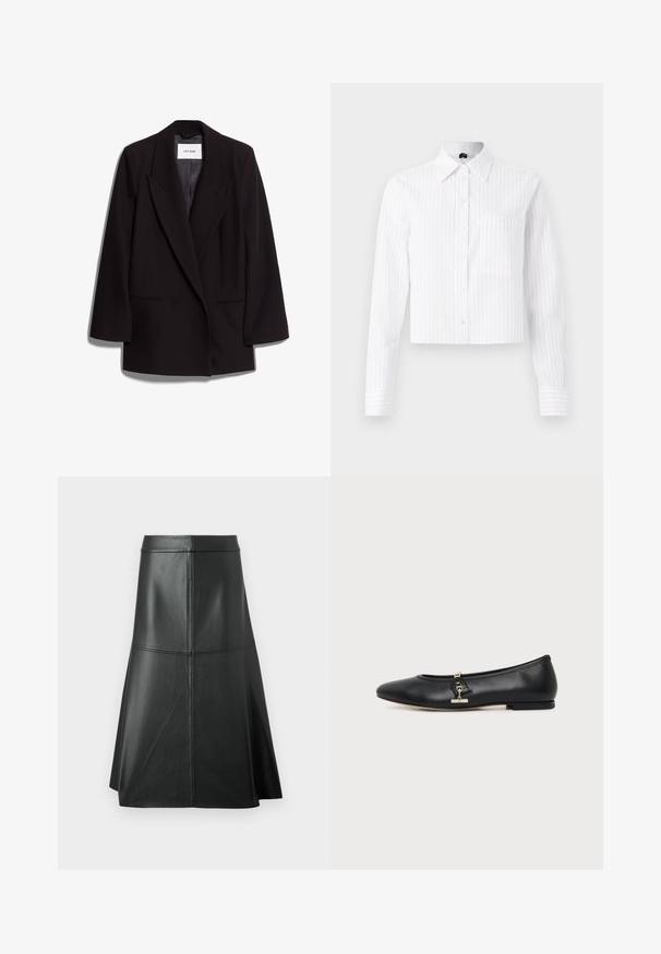 Schwarzer doppelt geknöpfter Blazer aus glattem Stoff, mit breiten Revers, zwei vorderen Taschen und taillierter Silhouette. Markenetikett sichtbar im Inneren.; Weißes, kurz geschnittenes Hemd mit hellblauen vertikalen Streifen, langen Ärmeln, einer einzelnen Brusttasche und klassischem Kragen. Stoff aus Baumwollmischung.; Schwarzer Leder-A-Linie-Rock, glatte Textur, midi-länge, mit horizontalen Nähten am Bund und den Nähten für zusätzliche Struktur.; Schwarzer flacher Lederschuh mit abgerundeter Spitze und kleinem goldenen Schnallendetail an der Seite, gezeigt auf einem schlichten hellen Hintergrund.