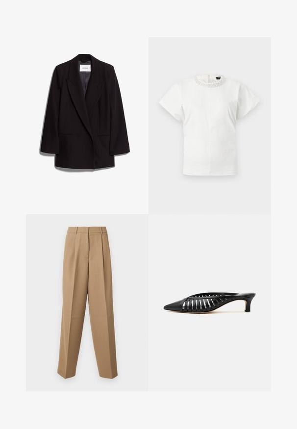 Schwarzer doppelt geknöpfter Blazer aus glattem Stoff, mit breiten Revers, zwei vorderen Taschen und taillierter Silhouette. Markenetikett sichtbar im Inneren.; Weiße Bluse mit kurzen Ärmeln, verziertem Perlenkragen und Schlitz mit Knopfverschluss auf der Rückseite, auf neutralem Hintergrund dargestellt.; Beige maßgeschneiderte Hose mit hoher Taille, gefaltetem Vorderteil und weitem Bein. Der Stoff wirkt glatt mit einem leichten Glanz.; Schwarze Leder-Mule mit spitzer Schuhspitze, Riemchen-Design und niedrigem Kittenheel auf weißem Hintergrund.