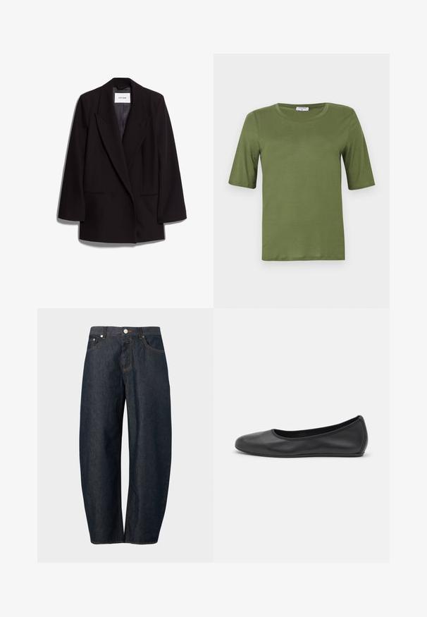 Zwarte dubbelbreasted blazer van gladde stof, met brede revers, twee voorzakken en een getailleerde silhouette. Merklabel zichtbaar aan de binnenkant.; Olivengroene T-shirt met korte mouwen, gemaakt van gladde stof, met een ronde halslijn en een rechte snit zonder zichtbare patronen of accenten.; Donkerblauwe denim broek met brede pijpen, voorzien van een knoopsluiting aan de voorkant, rits en zakken tegen een effen achtergrond.; Zwarte leren ballerina met een ronde neus, gladde textuur, minimale stikdetails en een flexibele zoolontwerp.