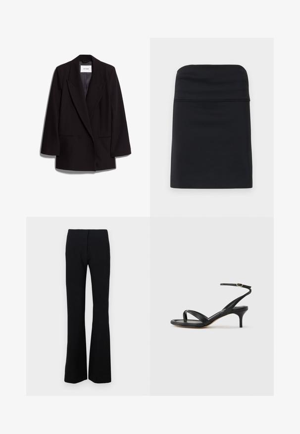 Zwarte dubbelbreasted blazer van gladde stof, met brede revers, twee voorzakken en een getailleerde silhouette. Merklabel zichtbaar aan de binnenkant.; Zwarte aansluitende rok met een gladde textuur, gekenmerkt door een eenvoudig, strak ontwerp en een rechte silhouet. Geen zichtbare onderdelen of patronen.; Zwarte flared broeken van rekbare stof met een gladde textuur en een aansluitende taille. Geen zichtbare sluitingen of patronen.; Zwarte leren dames sandaal met dunne bandjes, een teengreep, een enkelgesp en een stilettohak van gemiddelde hoogte op een neutrale achtergrond.