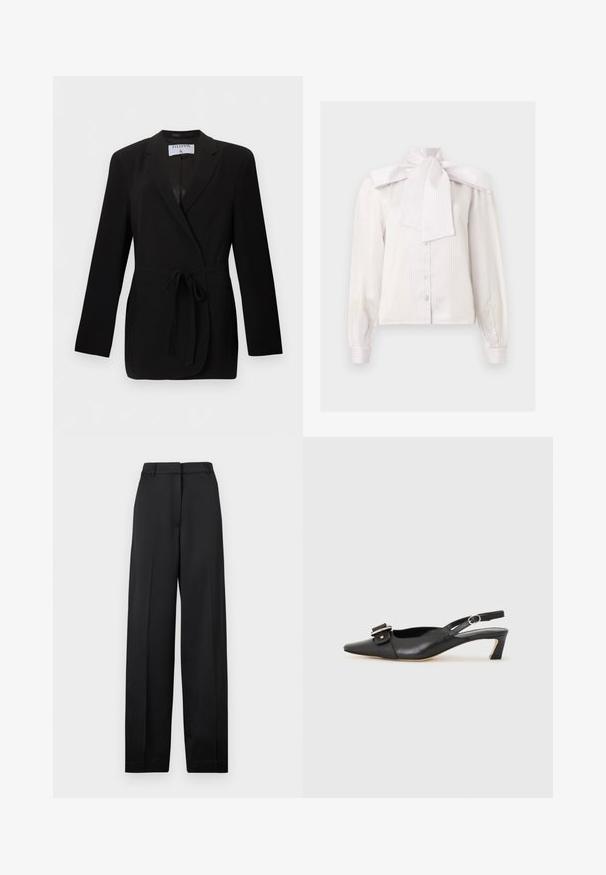 Blazer noir cintré avec ceinture à la taille, revers à cran, manches longues et poches passepoilées à l'avant, étiqueté Filippa K.; Blouse blanche à manches longues avec boutons, à fines rayures verticales et grand nœud décoratif au col haut.; Pantalon noir taille haute à jambes larges, avec passants de ceinture, fermeture éclair à l'avant et pli marqué au centre de chaque jambe.; Chaussure slingback en cuir noir avec un bout pointu, un petit talon et un détail de boucle décoratif sur le dessus. Texture lisse, design minimaliste.