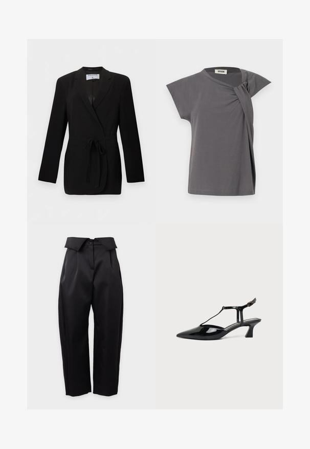 Blazer noir cintré avec ceinture à la taille, revers à cran, manches longues et poches passepoilées à l'avant, étiqueté Filippa K.; Haut gris à manches courtes avec un détail de nœud torsadé sur l'épaule. Confectionné dans un matériau doux avec une coupe décontractée et un col rond.; Pantalon noir taille haute à jambes larges avec une ceinture rabattue et deux boutons à l'avant, présenté sur fond blanc.; Chaussure slingback en cuir verni noir à bout pointu avec bride en T et petit talon bloc incliné sur fond blanc.
