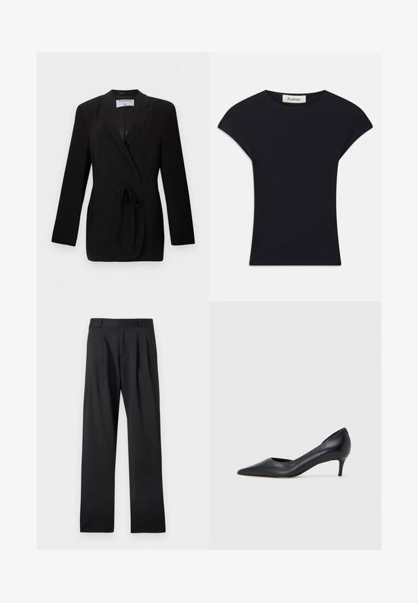 Blazer noir cintré avec ceinture à la taille, revers à cran, manches longues et poches passepoilées à l'avant, étiqueté Filippa K.; Haut noir à manches courtes en tissu doux, avec un col rond et une coupe ajustée, ornée de légers accents d'épaule. Étiquette visible.; Pantalon habillé noir avec passants de ceinture et plis, coupe droite, posé à plat sur un fond blanc.; Escarpin en cuir noir avec un bout pointu et un talon bas. Présente une texture lisse et un éclat subtil. Découpe ouverte à l'avant pour un détail supplémentaire.