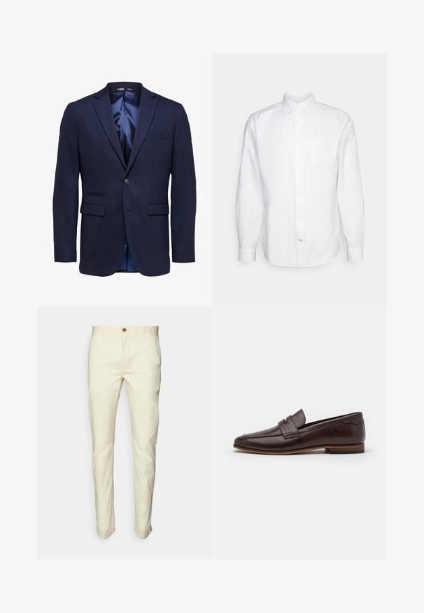 Blazer azul marino ajustado para hombre con solapas con muesca, dos bolsillos delanteros con solapa, un bolsillo en el pecho y cierre con un solo botón.; GAP STANDARD OXFORD - Camisa - white; Chinos de un beige claro con corte recto, confeccionados en tejido de algodón, que cuentan con cierre de botón y bolsillos frontales. Textura suave, con un detalle mínimo.; Mocasín de cuero marrón con un acento trenzado en la parte superior, acabado suave, puntera ligeramente puntiaguda y un tacón bajo apilado.