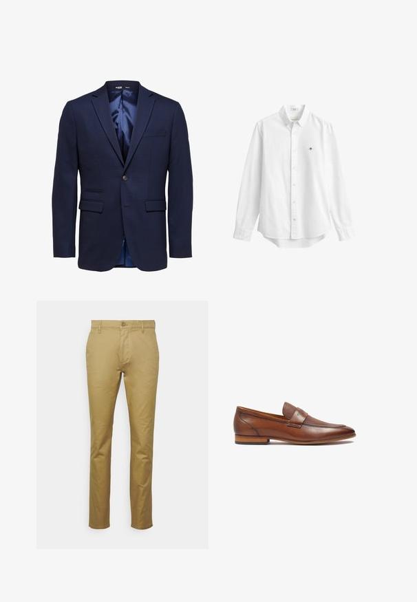 Blazer bleu marine ajusté pour homme avec revers à cran, deux poches avant à rabat, une poche poitrine et une fermeture à bouton unique.; Chemise blanche à manches longues boutonnée avec col et petit logo brodé sur la poitrine gauche, présentée sur un fond uni.; Chino kaki en coton lisse, avec un design classique à jambe droite, une poche avant et une fermeture à un bouton à la taille.; Mocassins en cuir marron avec une bande texturée, bout rond et petit talon empilé. Finition lisse avec des détails de couture discrets.