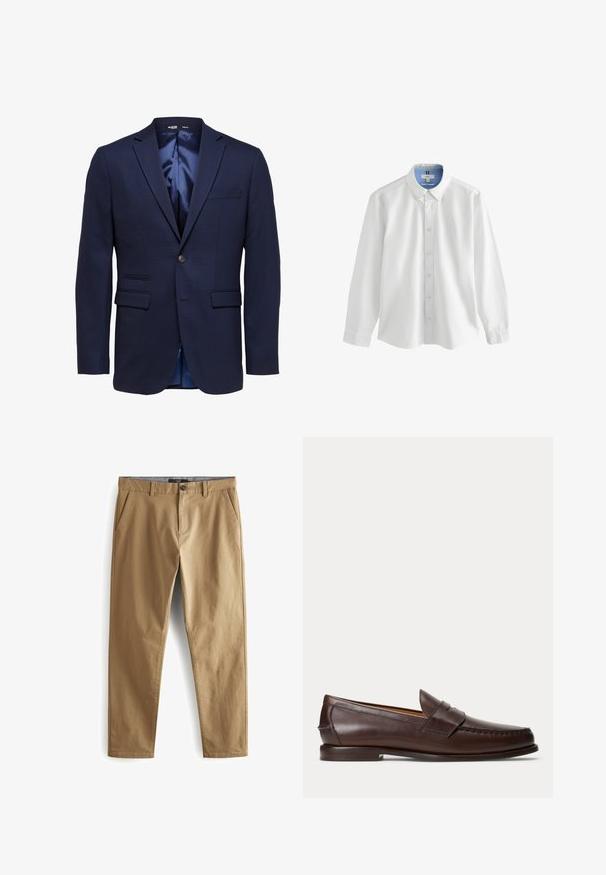 Blazer azul marino ajustado para hombre con solapas con muesca, dos bolsillos delanteros con solapa, un bolsillo en el pecho y cierre con un solo botón.; Camisa blanca de manga larga con botones y forro de cuello azul, que presenta un corte clásico y un bordado sutil en el pecho.; Next STRETCH - Pantalones - dark sand; Mocasín penny de cuero marrón oscuro con detalles de costura y tacón bajo apilado, mostrado de lado sobre un fondo liso.