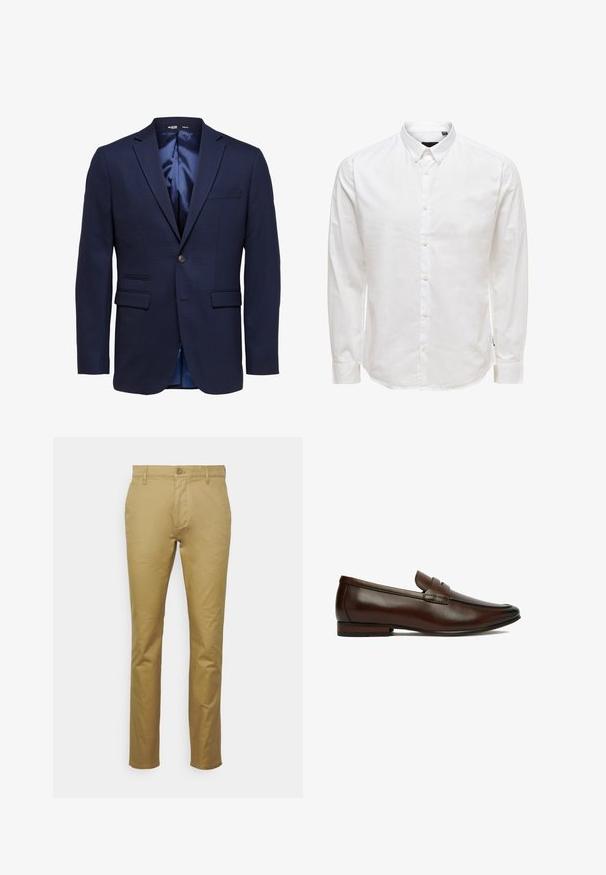 Blazer azul marino ajustado para hombre con solapas con muesca, dos bolsillos delanteros con solapa, un bolsillo en el pecho y cierre con un solo botón.; Camisa blanca de manga larga abotonada con cuello, con una textura suave y seis botones en el frente. Corte ajustado y mangas con puños.; Chinos caqui elaborados con algodón suave, que presentan un diseño clásico de pierna recta, bolsillo delantero y un cierre de un solo botón en la cintura.; Mocasín de hombre de piel marrón con tacón bajo y detalle de correa sobre la pala, mostrado en perfil lateral sobre fondo blanco.