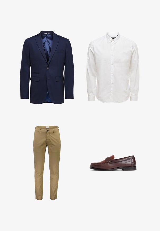 Marineblauer Slim-Fit Herrenblazer mit Kerbklappen, zwei vorderen Klappentaschen, einer Brusttasche und einem Einzelknopfverschluss.; Weißes Langarm-Hemd mit Knopfleiste und Kragen, mit glatter Textur und sechs Vorderknöpfen. Taillierte Passform mit geknöpften Ärmeln.; Lindbergh PANTS - Chino - deep sand; Brauner Lederloafer mit glatter Oberfläche, ausgestattet mit einem dekorativen Riemen und Ziernähten. Niedriger Absatz und abgerundete Zehenform.