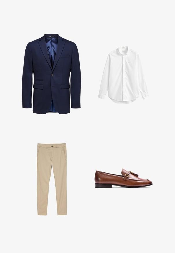 Marineblauer Slim-Fit Herrenblazer mit Kerbklappen, zwei vorderen Klappentaschen, einer Brusttasche und einem Einzelknopfverschluss.; Weißes, langärmeliges Hemd mit Knopfleiste, Kragen, kleinem gesticktem Logo auf der Brust und abgerundetem Saum.; Beige schlanke Hose mit Seitentaschen, Gürtelschlaufen und Knopfverschluss an der Taille, auf weißem Hintergrund dargestellt.; Braune Lederloafer mit Quaste, runder Zehenform und minimalistischem Design. Verfügt über eine schwarze Gummisohle und eine durchgängig glatte Textur.