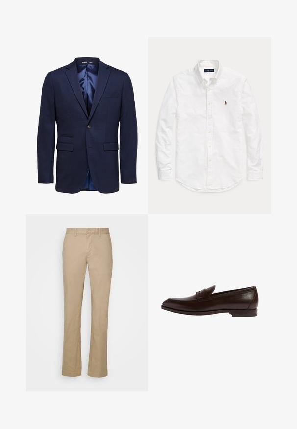 Blazer azul marino ajustado para hombre con solapas con muesca, dos bolsillos delanteros con solapa, un bolsillo en el pecho y cierre con un solo botón.; Camisa blanca de manga larga con botones, cuello y pequeño logotipo bordado en el pecho izquierdo, colocada plana sobre fondo liso.; Pantalones rectos beige de tela de algodón con parte delantera plana y trabillas para cinturón. Presenta un cierre de botón único y puños rematados.; Mocasín de cuero marrón con punta redondeada, detalles de costura y una banda decorativa discreta. Perfil delgado con suela plana de goma.