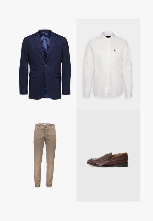 Blazer azul marino ajustado para hombre con solapas con muesca, dos bolsillos delanteros con solapa, un bolsillo en el pecho y cierre con un solo botón.; Camisa blanca de botón en tejido de algodón, con un pequeño logo de mariposa amarilla bordado en el bolsillo del pecho, mangas largas con puños de botón.; Chinos caqui con un diseño de corte ajustado, cierre de cremallera, botón, pasadores para cinturón y bolsillos laterales; material de algodón suave y con mínimas arrugas.; JOOP! KLEITOS - Zapatos sin cordones - brown