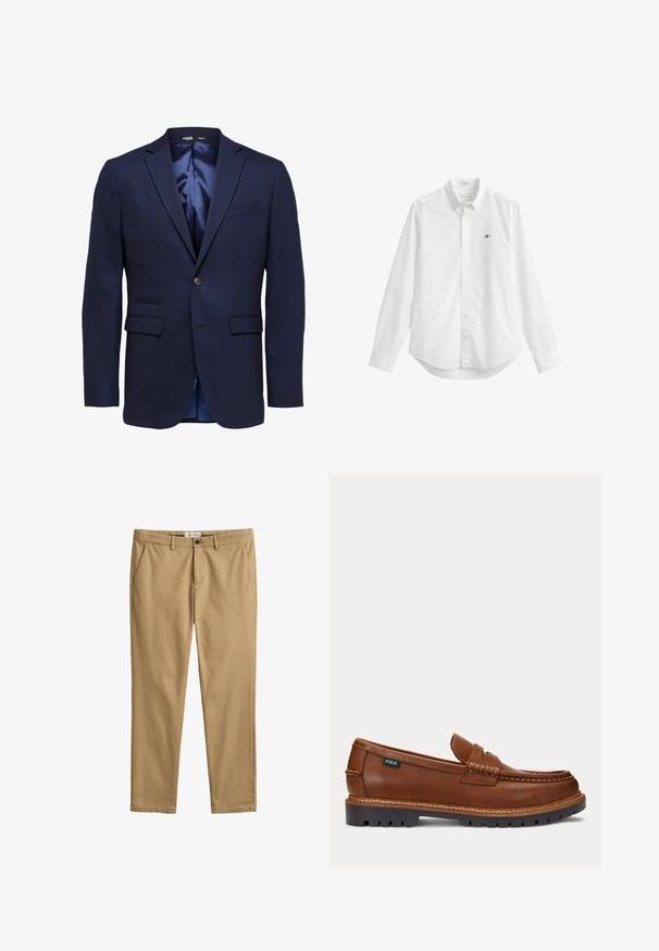 Marineblauer Slim-Fit Herrenblazer mit Kerbklappen, zwei vorderen Klappentaschen, einer Brusttasche und einem Einzelknopfverschluss.; Weißes Hemd mit langen Ärmeln, Knöpfen vorne, einem Kragen und einem kleinen gestickten Logo auf der linken Brust.; Beige Slim-Fit Chinos mit Gürtelösen, Seitentaschen, Knopf- und Reißverschluss, gebrandetes GANT-Label am Bund.; Brauner Lederloafer mit aufgenähten Details, robuster schwarzer Sohle und kleinem "Polo"-Etikett an der Seite.
