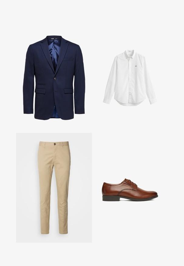 Blazer azul marino ajustado para hombre con solapas con muesca, dos bolsillos delanteros con solapa, un bolsillo en el pecho y cierre con un solo botón.; Camisa blanca de manga larga con cuello, botones delanteros y un pequeño logo bordado en el pecho izquierdo.; Chinos beige con cierre de botón, corte ajustado y tejido de algodón suave. Presenta detalles de costura y un diseño estándar de cinco bolsillos.; Zapato de vestir de hombre de cuero marrón con cordones en la parte delantera, tacón bajo y acabado liso, mostrado de lado sobre un fondo blanco.