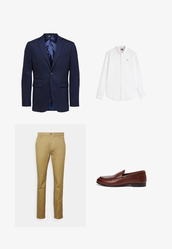 Blazer azul marino ajustado para hombre con solapas con muesca, dos bolsillos delanteros con solapa, un bolsillo en el pecho y cierre con un solo botón.; Camisa blanca de manga larga abotonada con cuello y pequeño logo rojo, blanco y azul en el pecho izquierdo.; Chinos caqui elaborados con algodón suave, que presentan un diseño clásico de pierna recta, bolsillo delantero y un cierre de un solo botón en la cintura.; Mocasín de cuero marrón con punta redondeada, detalles cosidos y una pequeña correa superior. Acabado liso con un tacón bajo y rectangular.