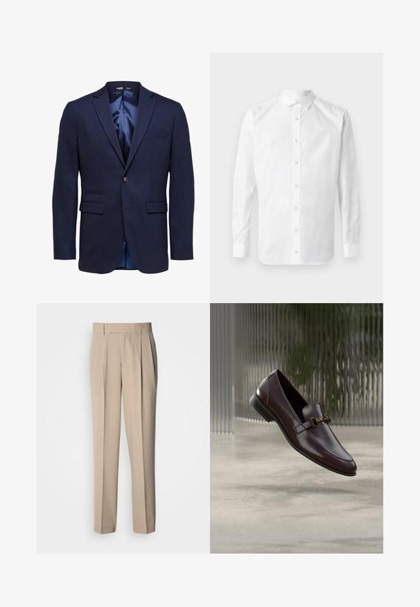 Blazer bleu marine ajusté pour homme avec revers à cran, deux poches avant à rabat, une poche poitrine et une fermeture à bouton unique.; Chemise blanche à manches longues, à col classique, avec une patte de boutonnage à l'avant et une texture en coton lisse.; Pantalon beige taille haute à plis, coupe droite, avec une texture lisse et sans ornements ni motifs visibles.; Mocassin en cuir marron à finition lisse, bout carré, et accent en métal doré. Dispose d'un talon bas et de détails de couture subtils.