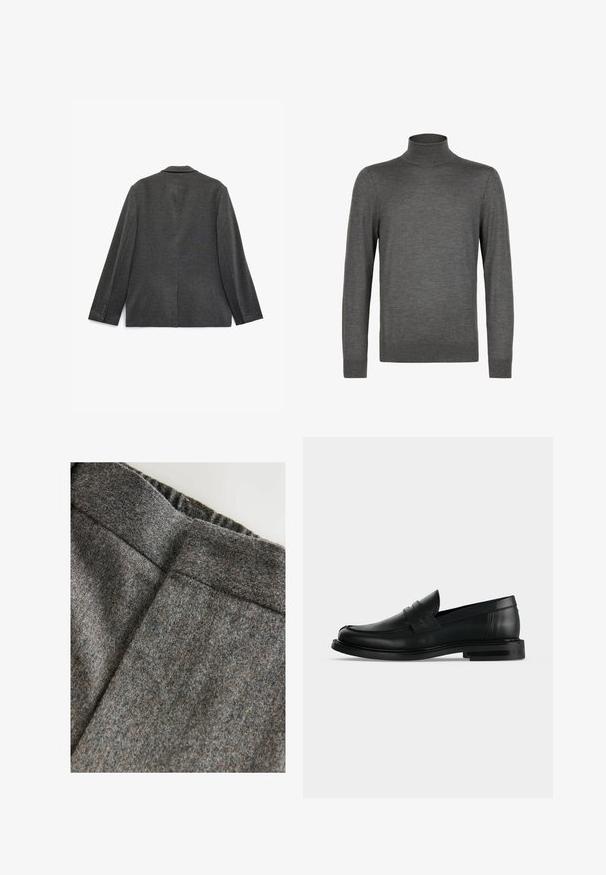 Blazer gris pour homme avec une texture lisse, col cranté, fente simple au dos et poignets à trois boutons. Tissu uni, coupe ajustée.; Pull à col roulé gris foncé à manches longues avec une texture en maille fine et des poignets et un ourlet côtelés, présenté sur fond blanc.; Pantalon en laine grise mélangée avec une texture lisse, doté d'une taille large et d'une coupe propre et classique. Subtiles nuances de couleur présentes.; Mocassin penny pour homme en cuir noir avec talon bas empilé et bout arrondi, vu de profil sur fond gris clair.