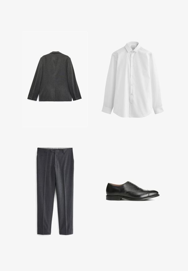 Blazer gris pour homme avec une texture lisse, col cranté, fente simple au dos et poignets à trois boutons. Tissu uni, coupe ajustée.; Next EASY CARE SLIM FIT SINGLE CUFF - Chemise - white; Pantalons ajustés gris avec un motif texturé, deux poches avant, passants de ceinture et une fermeture à un bouton à la taille.; Chaussure habillée en cuir noir avec une finition lisse, un bout rond, cinq œillets pour les lacets et un petit talon empilé. Présente des détails de couture subtils.