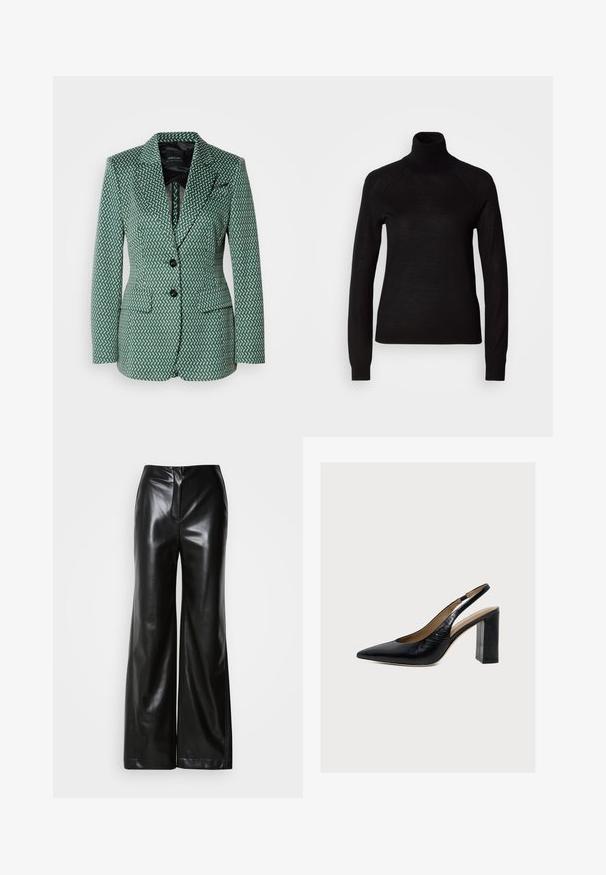 Marc Cain Blazer - dark jade green; Pull à col roulé noir en tissu tricot léger. Avec des manches longues et une silhouette ajustée dotée de coutures raglan.; Pantalons larges en cuir noir avec une texture lisse, taille haute et fermeture éclair frontale dissimulée. Coupe ajustée avec une finition soignée.; Chaussure slingback en cuir noir pour femme, avec bout pointu et talon haut bloc sur un fond clair.