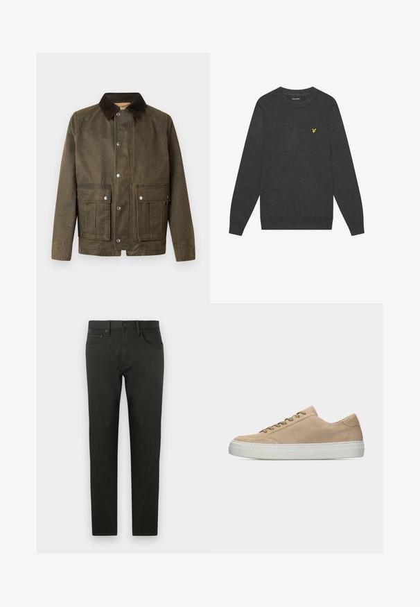 Braune Canvas-Jacke mit einem dunklen Cordkragen, Druckknöpfen und zwei vorderen Taschen mit gestickten Details.; Dunkelgrauer Rundhalsausschnitt-Pullover aus weichem Stoff. Mit einem kleinen gelben, gestickten Logo auf der Brust. Lange Ärmel mit gerippten Bündchen.; Dunkelgrüne Baumwollhose mit schlanker Passform. Verfügt über ein gerades Bein, Fronttaschen und einen Knopfverschluss. Glatte Textur, minimale Details.; Beiger Wildleder-Sneaker in niedrigem Schnitt mit beigen Schnürsenkeln und dicker weißer Gummisohle, seitlich auf einem schlichten weißen Hintergrund dargestellt.