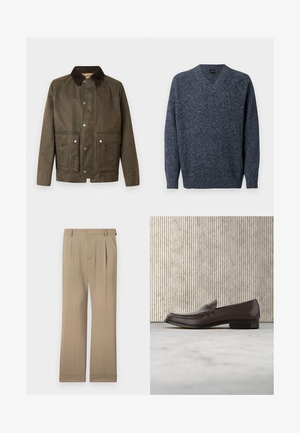 Brun lærredskur med en mørk kordfløjlskrave, trykknapper og to frontlommer med syninger.; Marineblå ribstrikket sweater med V-hals og lange ærmer. Fremstillet af et struktureret materiale, har en afslappet pasform og tætsiddende manchetter.; Beige bukser lavet af letvægtigt stof, med et lige ben-design, dobbelte folder og opfoldede kanter for en afslappet pasform.; Brune læderloafers med en glat overflade, rund tå, hævet syning og en lav blokhæl. Elegant, minimalistisk design.