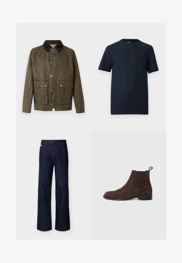 Braune Canvas-Jacke mit einem dunklen Cordkragen, Druckknöpfen und zwei vorderen Taschen mit gestickten Details.; Marineblaues Kurzarm-T-Shirt mit Rundhalsausschnitt und subtiler vertikaler Rippenstruktur auf einem einfarbigen Hintergrund.; Dunkelblaue Jeans mit geradem Bein, Fünf-Taschen-Design und Knopfverschluss, auf hellem einfarbigem Hintergrund präsentiert.; Braune Wildleder-Stiefeletten mit elastischen Seitenpaneelen, runder Zehenpartie und Schlaufe am Absatz. Flache schwarze Gummisohle.
