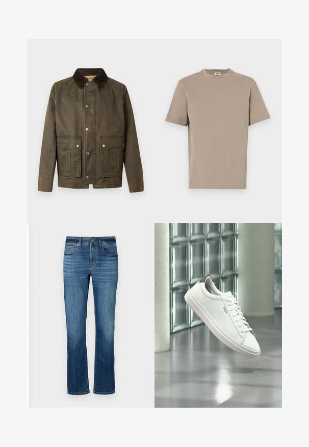 Braune Canvas-Jacke mit einem dunklen Cordkragen, Druckknöpfen und zwei vorderen Taschen mit gestickten Details.; Beige Baumwoll-T-Shirt mit rundem Halsausschnitt, kurzen Ärmeln und geradem Saum. Glatte Textur, minimalistisches Design, keine sichtbaren Grafiken oder Akzente.; Blaue Jeans aus Denim mit geradem Bein, fünf Taschen, leichter Verwaschung und kupferfarbenen Nähten. Mit einem normalen Bündchen vollendet.; Weißer Leder-Low-Top-Sneaker mit Schnürsenkeln, schwarzer Fersenschlaufe und „BOSS“-Logo, der drinnen nahe einer Glassteinwand und einem polierten Boden schwebt.
