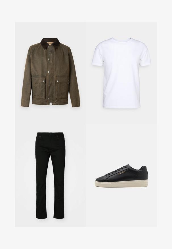 Braune Canvas-Jacke mit einem dunklen Cordkragen, Druckknöpfen und zwei vorderen Taschen mit gestickten Details.; Weißes T-Shirt mit kurzen Ärmeln aus Baumwollstoff und rundem Halsausschnitt. Schlichtes Design ohne Muster oder Akzente. Glatte Textur.; Schwarze Denim-Jeans mit geradem Bein, fünf Taschen und Druckknopfverschluss. Glatte Textur mit dezenten Nähten.; Schwarze Leder-Sneaker mit glatter Oberfläche, kontrastierender cremefarbener Sohle, abgerundeter Spitze, goldfarbenem Logo an der Seite und sechs Ösen für die Schnürsenkel.