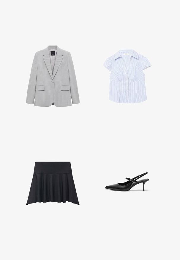 Grå stribet blazer med klapkrave, enkelt knaplukning og to frontlommer. Har en glat foring og en skræddersyet pasform.; Kortærmet, blå og hvid vertikalt stribet bluse med krave og knapper foran, vist fladt på hvid baggrund.; Mango A-snit nederdel - grey; Sorte læder slingback hæle med spids tå, slank justerbar rem og en stiletto hæl på cirka 5 cm, glat tekstur.