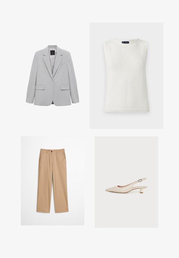 Grå stribet blazer med klapkrave, enkelt knaplukning og to frontlommer. Har en glat foring og en skræddersyet pasform.; Hvid ærmeløs strikket sweatervest med rund halsudskæring og ribkant, mærket med lille størrelse af Gap.; Beige bomuldsbukser med lige ben, knaplukning foran og en glat tekstur. Har standard bærestropper og flad frontdesign.; Beige slingback-sko med spids tå, lav kitten-hæl og en ankelrem med et lille spænde, vist på en ensfarvet hvid baggrund.