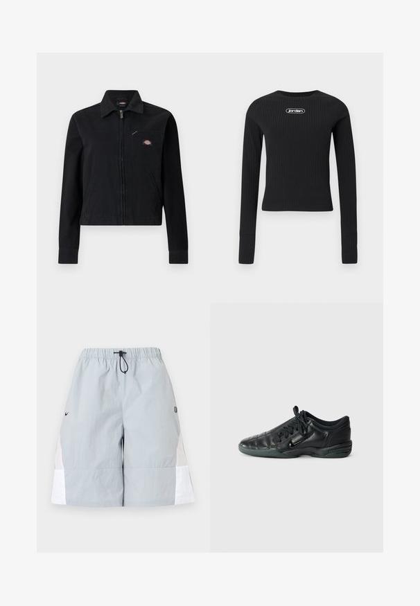 Veste noire à fermeture éclair avec col, deux poches basses et une poche poitrine zippée ornée d'un petit patch logo coloré.; Top court noir à manches longues côtelé, cropped, avec un col rond et un logo "jordan" blanc centré sur la poitrine.; Shorts de sport gris clair avec des panneaux latéraux blancs, une taille élastique et un cordon noir, présentés sur un fond uni.; Chaussure de sport en cuir noir avec un design matelassé, bout arrondi, lacets à l'avant et semelle en caoutchouc. Présente une marque discrète sur le côté.