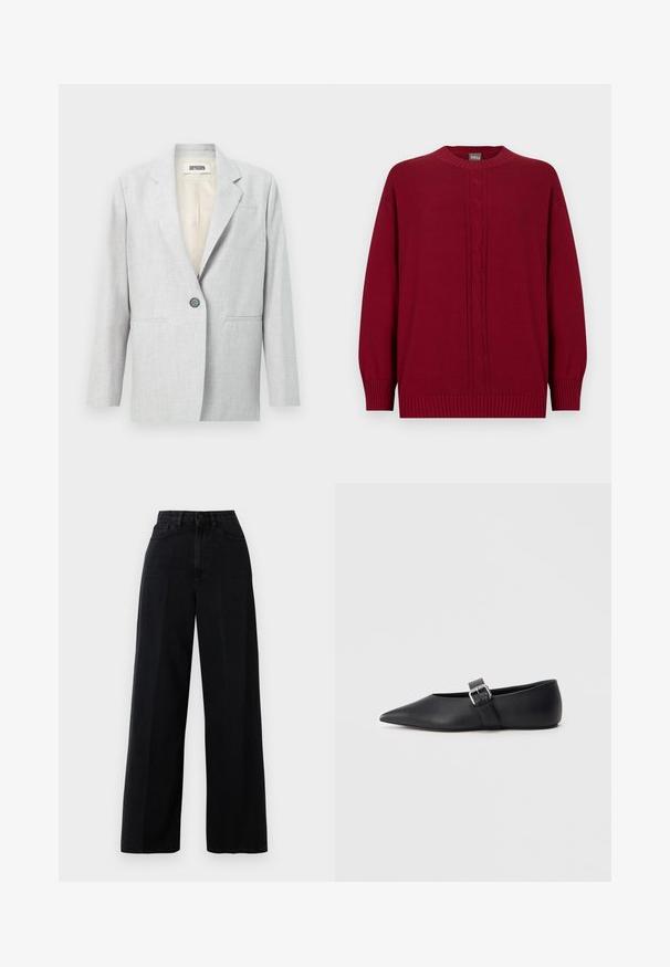 Blazer gris clair à un bouton avec revers crantés, deux poches fendues à l'avant et une doublure intérieure crème.; Pull à manches longues rouge foncé avec col rond, motif torsadé au centre devant, et poignets et ourlet côtelés.; Jean noir à jambes larges en denim, avec une taille haute, des poches avant et une fermeture à bouton. Le tissu a une texture lisse.; Chaussure plate en cuir noir avec bout pointu et bride latérale à boucle. Texture lisse, design minimaliste, profil bas. Convient pour une tenue décontractée.