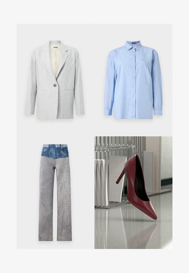 Blazer gris clair à un bouton avec revers crantés, deux poches fendues à l'avant et une doublure intérieure crème.; Chemise bleu clair à manches longues, boutonnée avec col et logo brodé discret sur la poitrine gauche, sur un fond uni.; Pantalon en denim avec une taille haute de couleur bleu clair, se fondant en un corps gris froissé. Comprend des poches standard et des fermetures à bouton.; Chaussure rouge en cuir à talon haut, posée sur le talon sur un sol réfléchissant, près d'un porte-dossiers métallique contenant des dossiers blancs.