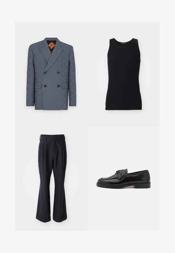 Dobbeltbrystet blazer i mørkegrå stof med et subtilt mønster, slagkrave, to forlommer og sorte knapper.; Sort tanktop lavet af et glat, strækbart materiale. Har en rund halsudskæring og ingen ærmer, med en tætsiddende pasform og enkelt design.; Sorte skræddersyede bukser med en afslappet pasform, plisseret forside og vide ben. Har en opsmøg i bunden og en glat stofstruktur.; Sorte læder loafers med rund tå og en dekorativ spændeaccent. Flad, solid hæl og glat tekstur hele vejen igennem.