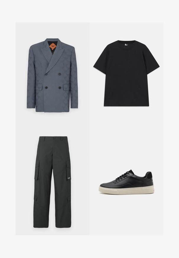 Dobbeltbrystet blazer i mørkegrå stof med et subtilt mønster, slagkrave, to forlommer og sorte knapper.; Sort kortærmet t-shirt lavet af bomuld, med rund halsudskæring og en lille logo detalje nær kanten. Glat tekstur, normal pasform.; Sorte straight-leg cargo bukser med sidelommer med klap, knaplukning, bæltestropper og et lille hvidt logo på klappen af højre lomme.; Sort lædersneaker med lav profil, der har en cremefarvet gummisål, rund tå og snøre-design, akkompagneret af en hæl i sort ruskind.