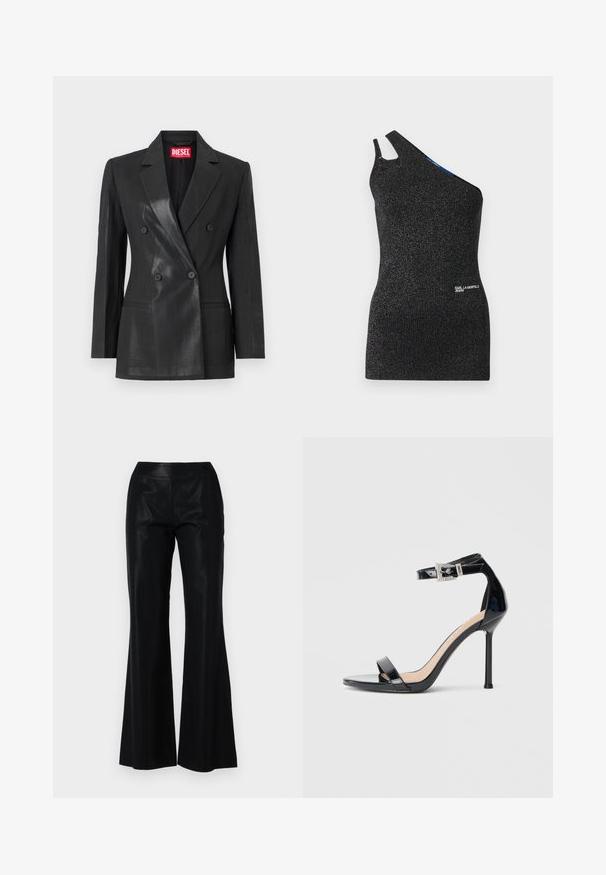 Blazer noir à double boutonnage en tissu brillant. Il possède un col cranté, deux poches à l'avant et des boutons noirs. Étiquette de marque rouge à l'intérieur.; Top noir à une épaule en tissu texturé avec des fils métalliques. Présente une découpe à l'épaule et un détail de logo à l'ourlet.; Pantalons évasés noirs en tissu lisse et brillant. Comprend une taille ajustée et de légères rayures pour ajouter texture et détail.; Sandale à talon haut en cuir verni noir avec bride à la cheville. Présente un design minimaliste, un bout ouvert et une boucle ornée de strass.