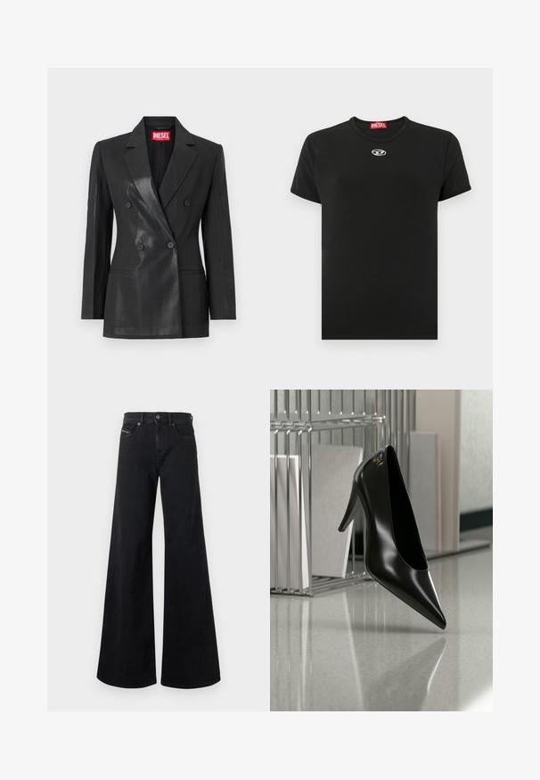 Blazer noir à double boutonnage en tissu brillant. Il possède un col cranté, deux poches à l'avant et des boutons noirs. Étiquette de marque rouge à l'intérieur.; T-shirt en coton noir avec un col rond, des manches courtes et un petit logo Diesel blanc sur la poitrine ; texture lisse, coupe classique.; Jean noir à jambes larges en denim, avec une taille haute, une fermeture à boutons, des poches avant et des détails de couture minimalistes.; Chaussure noire à talon haut avec bout pointu et logo doré, posée sur une surface réfléchissante près d'un organiseur de dossiers en fil chromé contenant des documents.