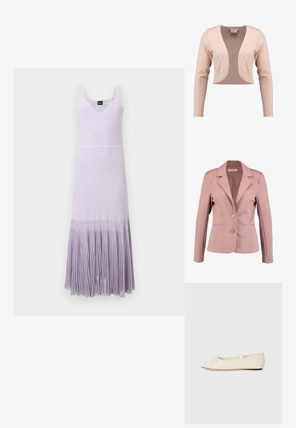 Helle rosa Blazer mit Reverskragen, einreihigem Design, zwei Knöpfen und zwei Fronttaschen. Glattes Material mit leichtem Glanz.; Gekürzter Cardigan aus weichem, rosa Strick, mit tiefem V-Ausschnitt und langen Ärmeln, glatter Textur und leichtem Design.; Ärmelloses weißes Strickkleid mit V-Ausschnitt und plissiertem Lavendel-Ombre-Rock, der von der Mitte des Oberschenkels bis zur Knöchellänge reicht.; Ballerina in geflochtenem cremefarbenem Material, spitz zulaufend, mit einem kleinen Schleifendetail vorne und einem Riemen oben. Flacher Absatz.