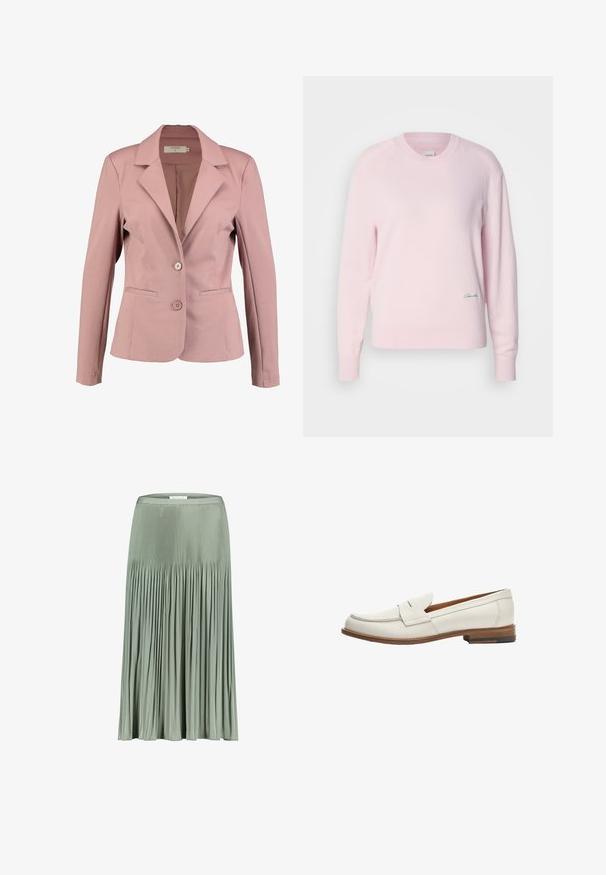Lys rosa blazer med krave, enknap design, to knapper og to forlommer. Glat stof med let glans.; Lyserød sweater lavet af blødt strikstof. Har en rund hals og lange ærmer, med et lille grønt logo nederst til venstre.; Lys grøn plisseret midi-nederdel med en figursyet talje, der har smalle plisseringer øverst og bredere plisseringer mod kanten.; Hvide læder loafers med en lav, stablet træhælhæl, der har et syet mokkasin-design og en sammenfoldet frontklap.