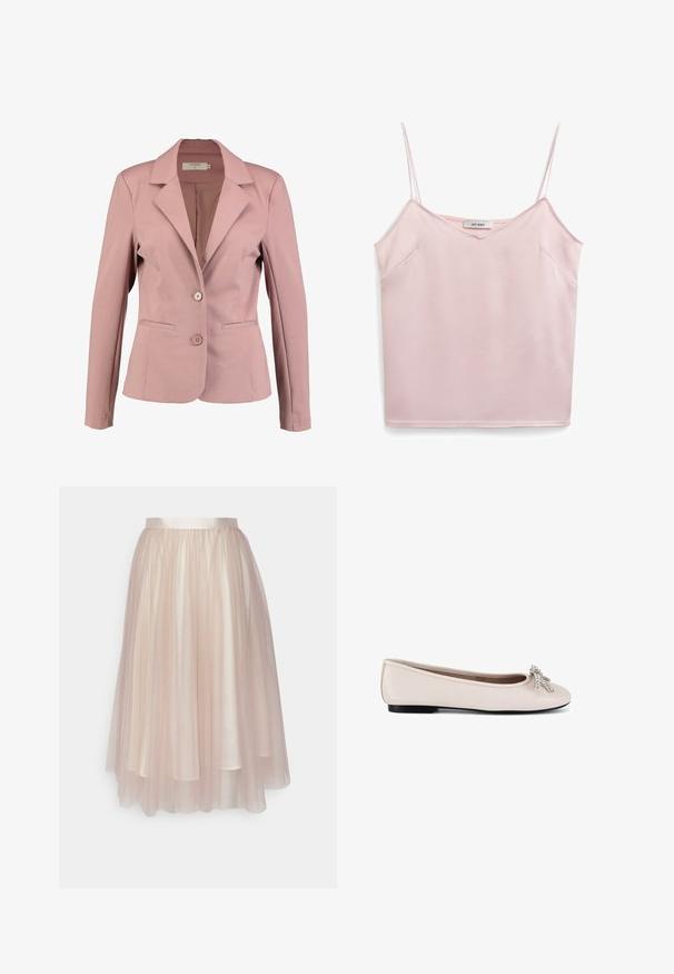 Lichtroze blazer met een gepantaloneerde kraag, enkelzijdige sluiting, twee knopen en twee voorzakken. Gladde stof met een lichte glans.; Roze mouwloze top met dunne banden, V-hals, zachte textuur en twee zijzakken. Label zegt "IVY OAK." Eenvoudig, schoon ontwerp.; Ida Sjöstedt FLAWLESS SKIRT - A-lijn rok - warm beige; Beige leren ballerina met lage zwarte hak en sierlijke strik van strass-steentjes op de ronde neus.