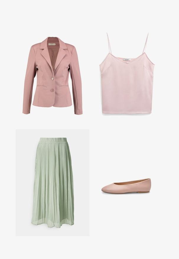 Blazer rosa claro con cuello en pico, diseño de un solo botón, dos botones y dos bolsillos frontales. Tela suave con un ligero brillo.; Top sin mangas rosa con tirantes finos, escote en V, textura suave y dos bolsillos laterales. La etiqueta dice "IVY OAK". Diseño sencillo y limpio.; Falda midi plisada de tela verde claro con una textura suave. Cintura elástica, diseño fluido y un brillo sutil en toda la prenda.; Bailarina de cuero rosa con punta fina, textura suave, detalles mínimos y suela sólida de color marrón claro. Diseño sencillo, sin adornos.
