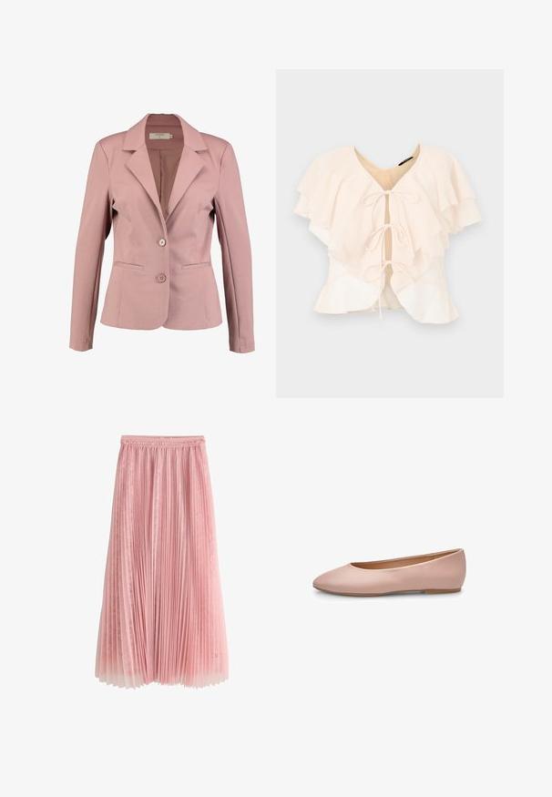 Blazer rosa claro con cuello en pico, diseño de un solo botón, dos botones y dos bolsillos frontales. Tela suave con un ligero brillo.; Blusa de color rosa claro con volantes en capas, escote en V y tres lazos en la parte frontal. Tejido suave y diseño fluido.; Falda midi plisada rosa con una capa inferior de encaje y cinturilla fruncida, mostrada sobre un fondo blanco.; Bailarina de cuero rosa con punta fina, textura suave, detalles mínimos y suela sólida de color marrón claro. Diseño sencillo, sin adornos.