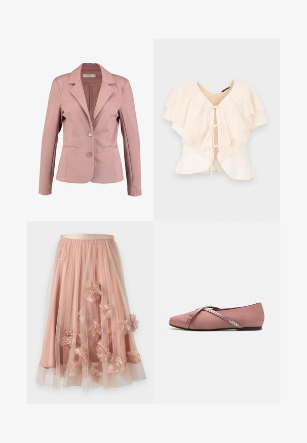 Blazer rosa claro con cuello en pico, diseño de un solo botón, dos botones y dos bolsillos frontales. Tela suave con un ligero brillo.; Blusa de color rosa claro con volantes en capas, escote en V y tres lazos en la parte frontal. Tejido suave y diseño fluido.; Falda de tul en rosa suave con cinturilla de satén. Cuenta con tela transparente en capas y apliques florales tridimensionales por toda la prenda.; Bailarinas de satén rosa suave con un diseño de tiras cruzadas adornadas con acentos cuadrados plateados y punta redonda. Suela negra baja.