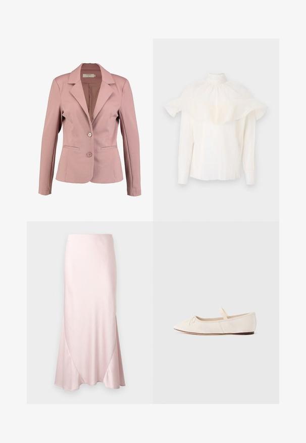 Lichtroze blazer met een gepantaloneerde kraag, enkelzijdige sluiting, twee knopen en twee voorzakken. Gladde stof met een lichte glans.; Witte blouse met hoge kraag, textuurstof en overgrote ruches mouwen. Lange mouwen met strakke manchetten, een relaxte pasvorm door de hele blouse.; Lichtroze satijnen midi-rok met een A-lijn silhouet en subtiele diagonale naaddetails op een effen achtergrond.; Ballerina's met een lichte beige suède bovenwerk, een puntige neus en een dunne elastische band over de wreef. Platte zool met een minimale rubberen accent.