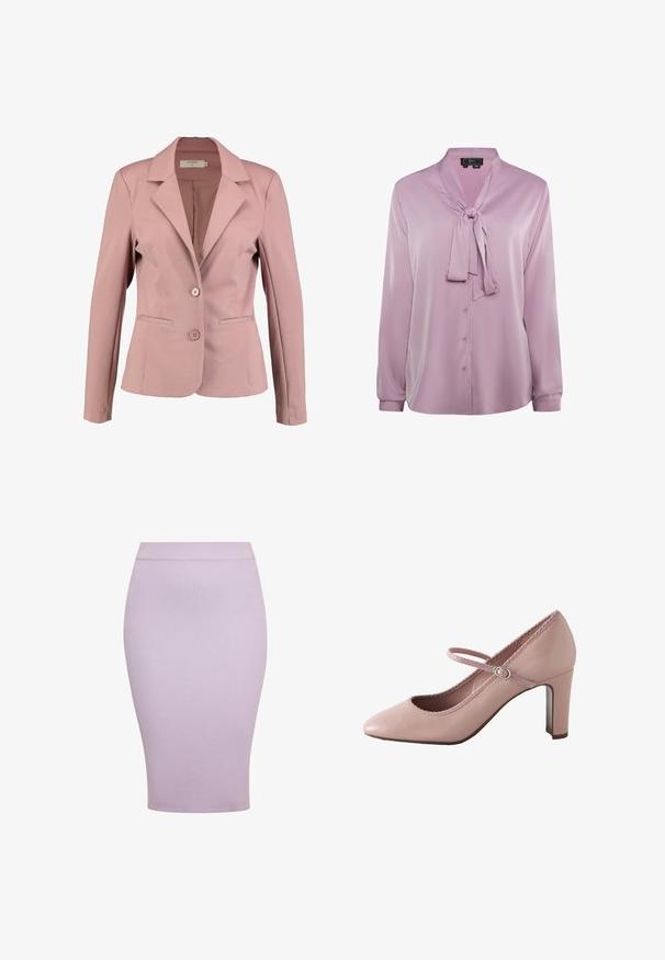 Lys rosa blazer med krave, enknap design, to knapper og to forlommer. Glat stof med let glans.; Lavendel silke-blanding bluse med en bindebåndsdetalje, lange ærmer og knaplukning foran, med en glat, blank overflade.; Lavendel ribbet strikket blyantskirt med en tætsiddende silhuet og elastisk talje, designet til et strømlinet udseende og komfort.; Lyserød læderhøjhælet sko med rundet tå, ankelrem og bølget kant. Har en slank blokhæle for støtte.