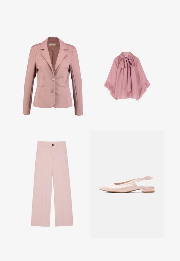 Helle rosa Blazer mit Reverskragen, einreihigem Design, zwei Knöpfen und zwei Fronttaschen. Glattes Material mit leichtem Glanz.; Hellrosa Satinbluse mit weiten Ärmeln und großer Schleife am Ausschnitt, mit lockerem, fließendem Sitz.; Helle rosa weite Hosen aus glattem Stoff, mit einem Frontknopfverschluss, zwei Seitentaschen und einer taillierten Silhouette.; Glänzender, blassrosa Slingback-Ballerina mit niedrigem Blockabsatz und markenprägtem, verstellbarem Riemen vor hellem Hintergrund.