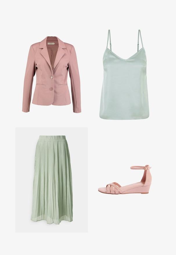 Blazer rose clair avec un col cranté, design à un bouton, deux boutons, et deux poches avant. Tissu lisse avec un léger éclat.; Camisole en satin vert clair avec des bretelles fines ajustables et un décolleté en V, présentant une texture lisse et une coupe décontractée.; Jupe midi plissée en tissu vert clair avec une texture douce. Taille élastique, design fluide et léger éclat partout.; Sandale compensée rose à bout ouvert avec des brides croisées à l'avant et une bride à la cheville avec une petite boucle sur un fond blanc.